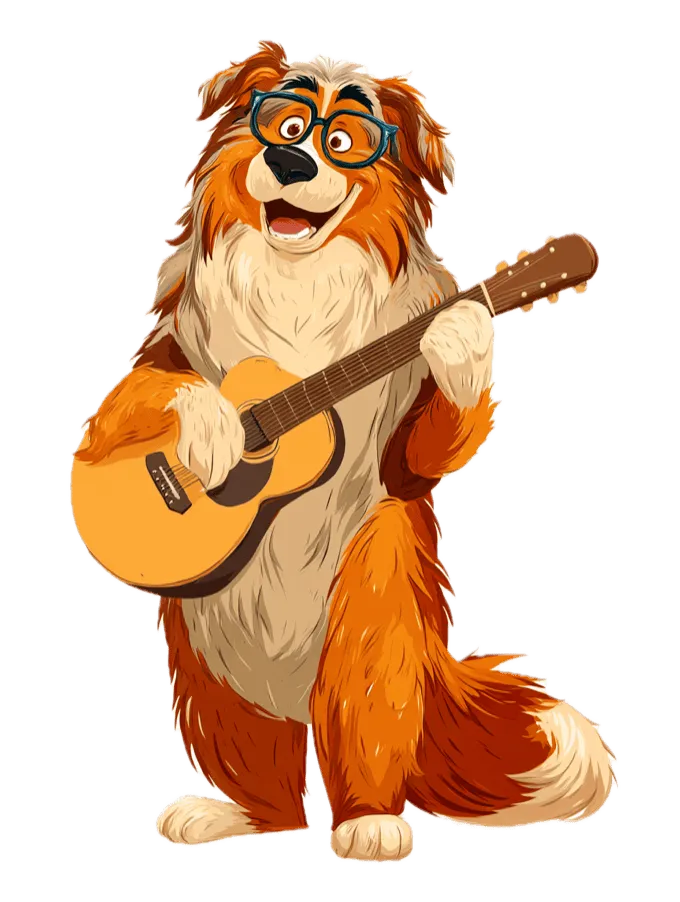 Jack the dog mascot holding a guitar