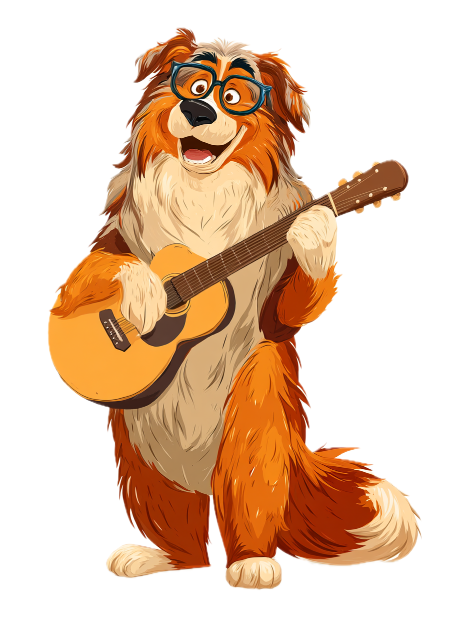 Jack the dog mascot holding a guitar